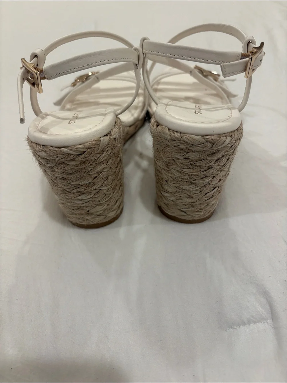 Stuart Weitzman White Leather Espadrille Wedge Sandals with Gold Buckles - Picture 3 of 6